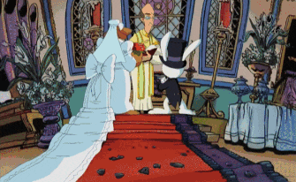 a cartoon of a bride and groom with a priest standing behind them