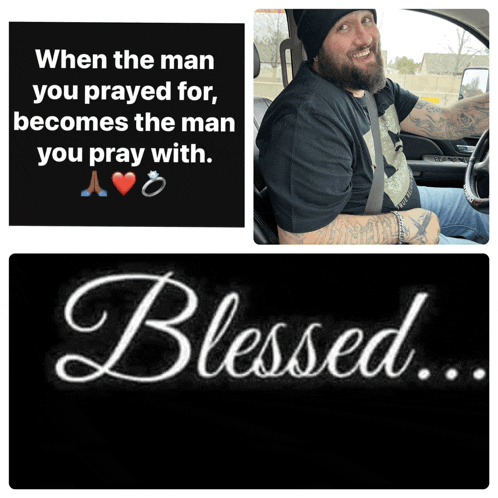 a man is sitting in a car with a blessed sign next to him