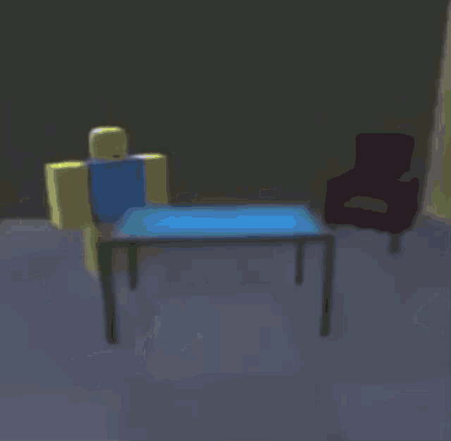 a cartoon character is standing in front of a table in a room .