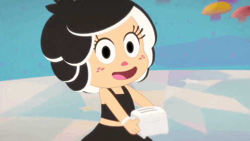 a cartoon girl with black and white hair is holding a piece of paper in her hand