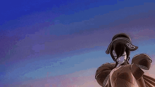 a drawing of a woman with long hair and a blue sky behind her