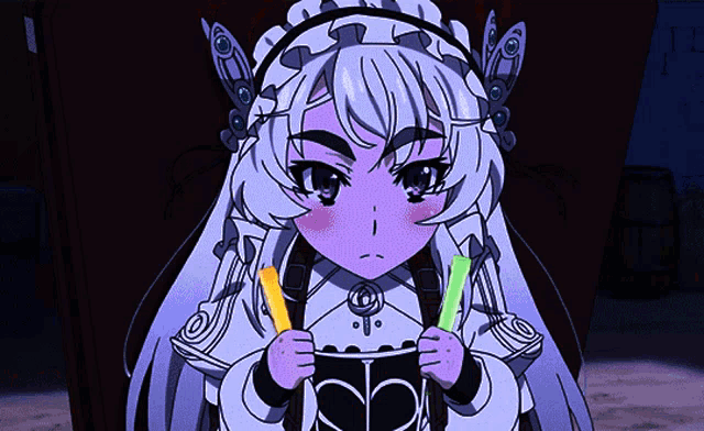 a girl with purple hair is holding a cup that says ' sd ' on it