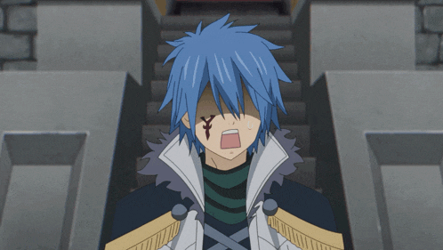 a cartoon character with blue hair has a tattoo of a yen sign on his face