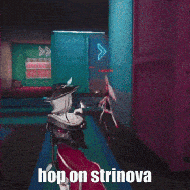 a video game character says hop on strinova while holding a sword