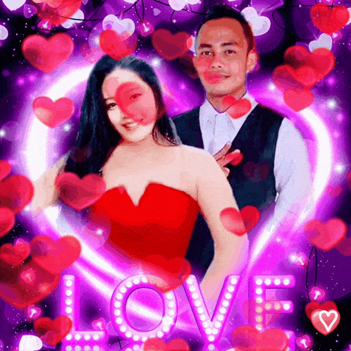 a man and a woman are surrounded by hearts and the word love is visible