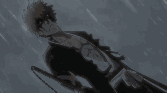 a man holding a sword in the rain with his eyes closed