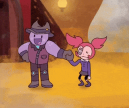 a cartoon character is shaking hands with a girl