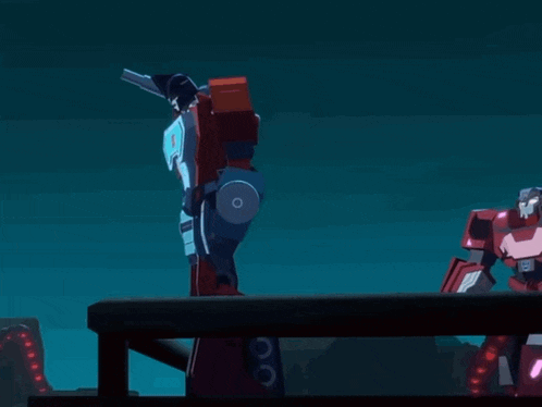 a red robot with a blue light coming out of it 's mouth