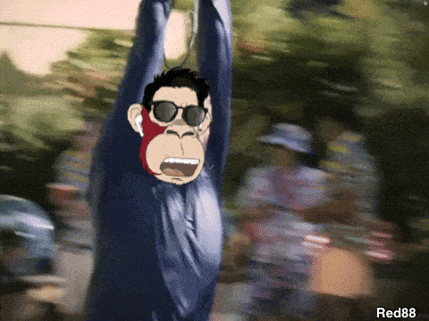 a monkey wearing sunglasses and ear buds hangs from a rope in a blurry photo by red88