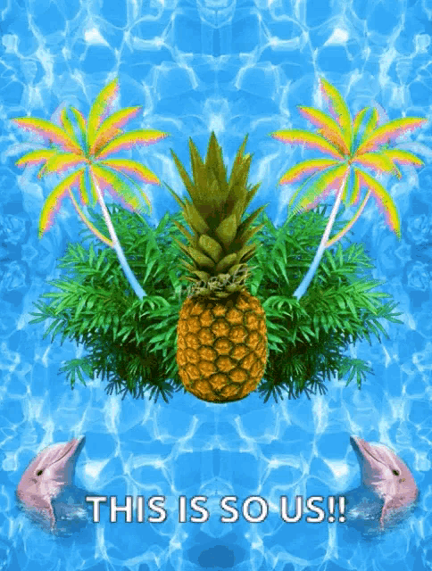 a pineapple and palm trees on a blue background with the words this is so us
