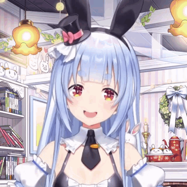 a girl with blue hair and bunny ears is wearing a top hat