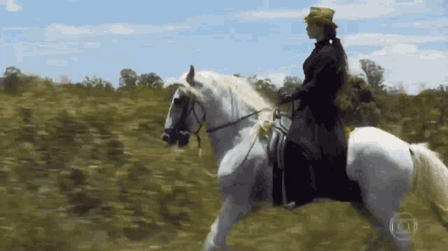 a woman in a black dress is riding a white horse in a grassy field