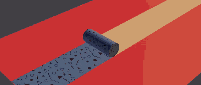 a blue cylinder with geometric shapes on it is rolling down a red and blue striped surface