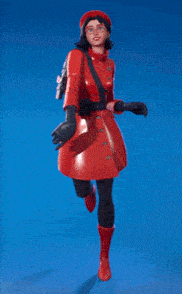 a woman in a red coat and gloves is standing on a blue background
