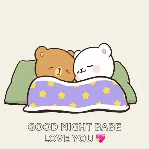 a cartoon of two teddy bears laying under a blanket with the words good night babe love you