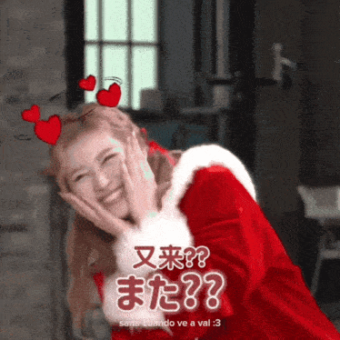 a woman in a santa claus costume with hearts on her hair