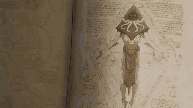 a book is open to a page with a drawing of a creature and the number 5 written on it