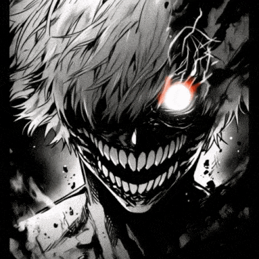 a black and white drawing of a person with a red eye