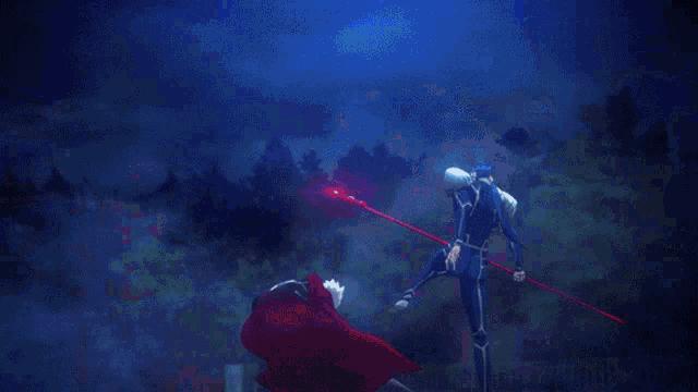 a blue background with a person holding a spear in the foreground