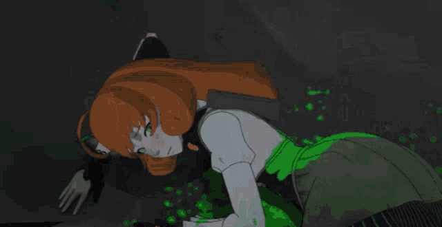 a girl with orange hair is laying on the ground with a hand reaching out towards her