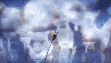 a painting of a person holding a sword in front of a crowd