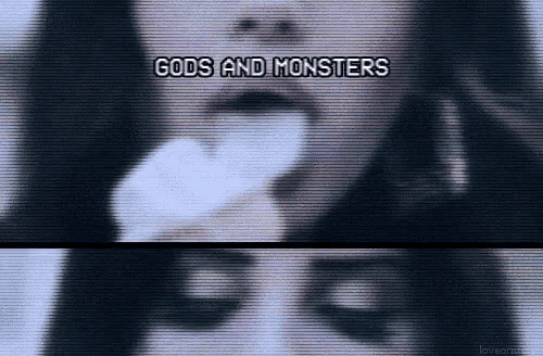 a close up of a woman 's face with the words `` gods and monsters '' written above her .