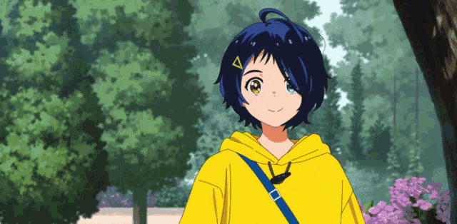 a girl with blue hair and a yellow hoodie is standing in a park