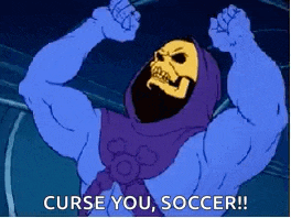 a cartoon character is flexing his muscles and saying `` curse you , soccer '' .