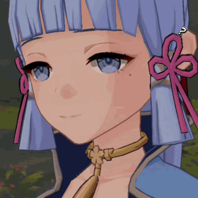 a close up of a girl with blue hair