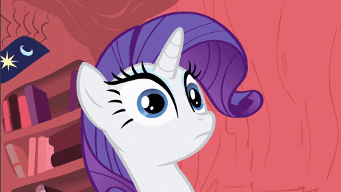 a cartoon pony with a purple mane and horn looks surprised