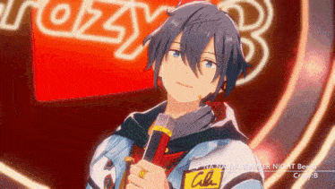 a cartoon character is holding a microphone in front of a sign that says crazy
