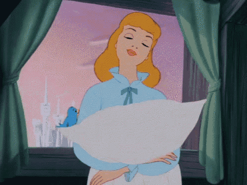 a cartoon of cinderella holding a white pillow in front of a window