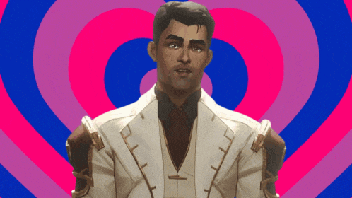 a man in a suit is standing in front of a pink and blue heart shaped background