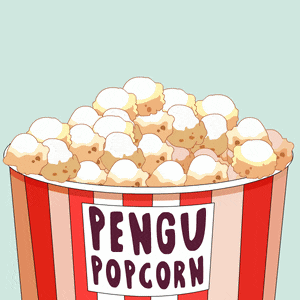a red and white striped bucket of pengu popcorn on a light blue background