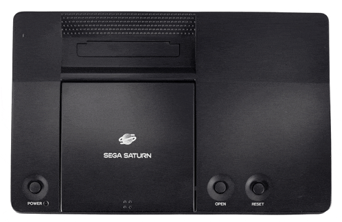 a black sega saturn video game console with the power and reset buttons