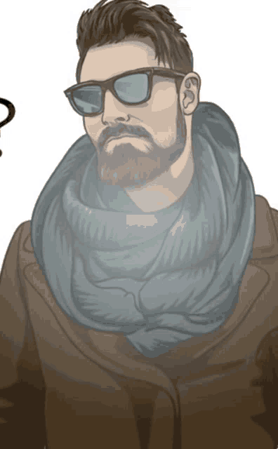 a man wearing sunglasses and a scarf has a question mark above his head