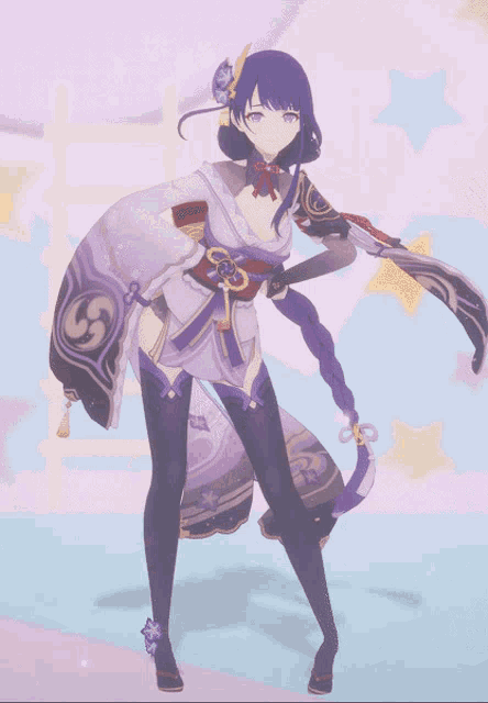 a girl in a kimono is standing in front of a pink background with stars