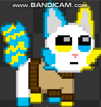 a pixel art drawing of a cat with blue and yellow fur