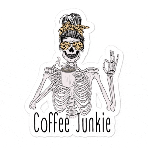 the skeleton is wearing a leopard print headband and sunglasses and is holding a cup of coffee .