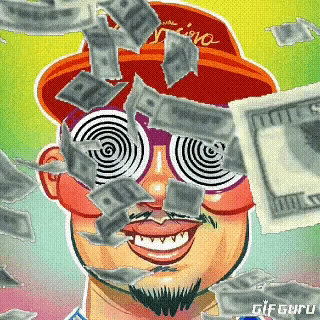 a cartoon of a man surrounded by money with the words gif guru at the bottom