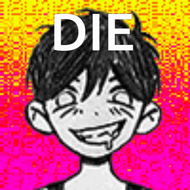 a black and white drawing of a boy with a smile on his face and the words `` die '' written above him .
