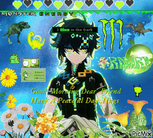a picture of a boy with a monster energy logo in the background