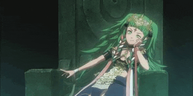 a girl with green hair is sitting on a chair in a dark room .