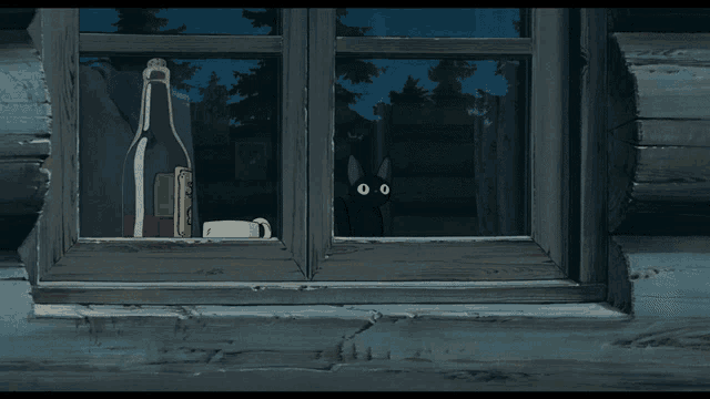 a black cat is looking out of a window with a bottle of wine on the window sill