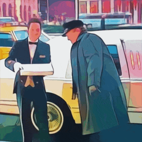 a man in a tuxedo is standing next to a man in a trench coat in front of a limousine
