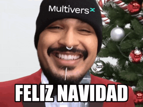 a man wearing a beanie that says multivers x on it