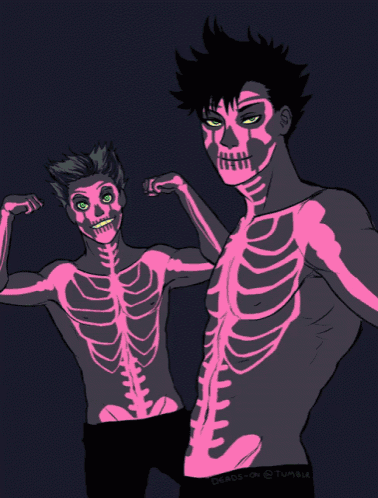 a drawing of two men with glow in the dark skeletons