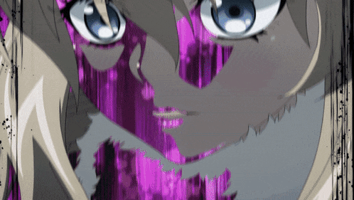 a close up of a girl 's face with a purple background behind her