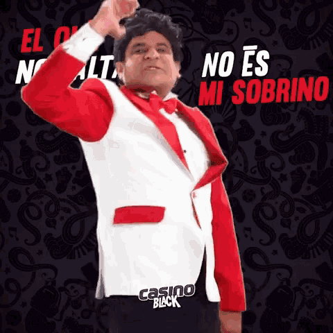 a man in a red and white tuxedo with casino black written on his shorts