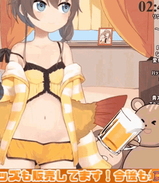 a cartoon girl is holding a glass of beer in front of a clock that says 2:02